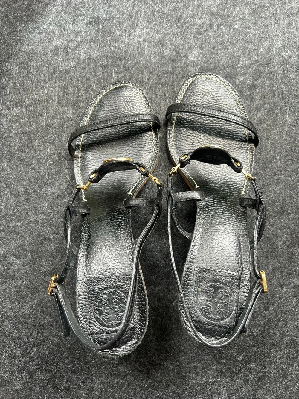 Tory Burch Black Leather Sandal with Gold Logo